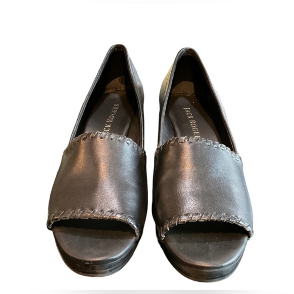 Jack Rogers Palmer Black Leather Open Toe Wedges whipstitching Sz 10